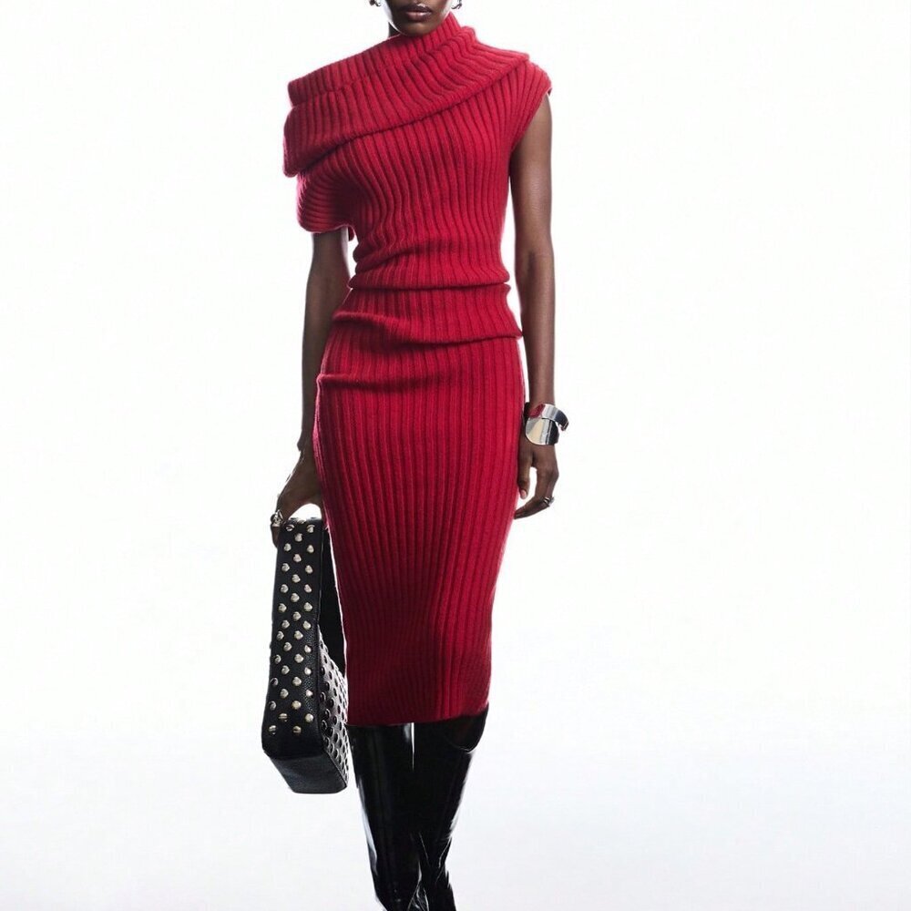 Red Elegant Women's Asymmetric One-Shoulder Knit Cowl Neck Dress